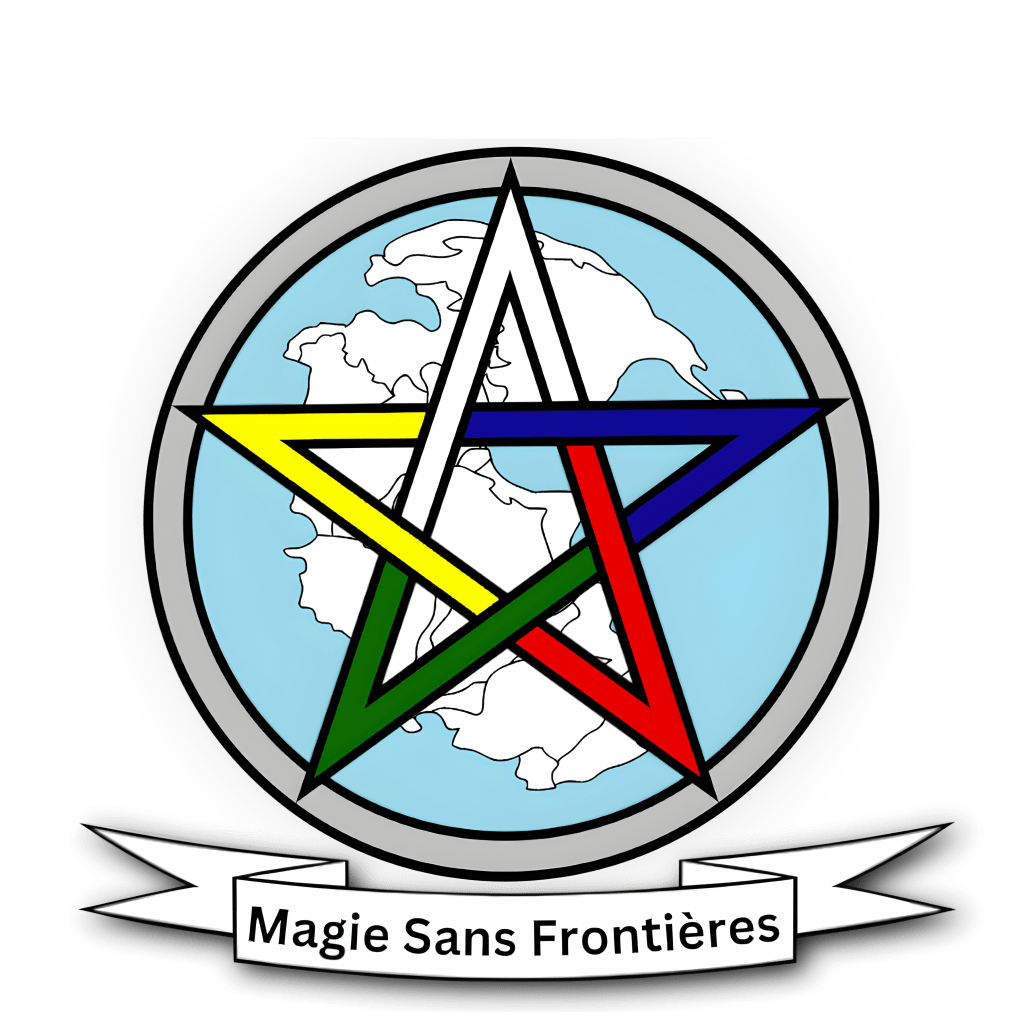 Magie Sans Frontières (Magick Without Borders) logo: an image of a pentagram spread out over the ancient supercontinent Pangaea.