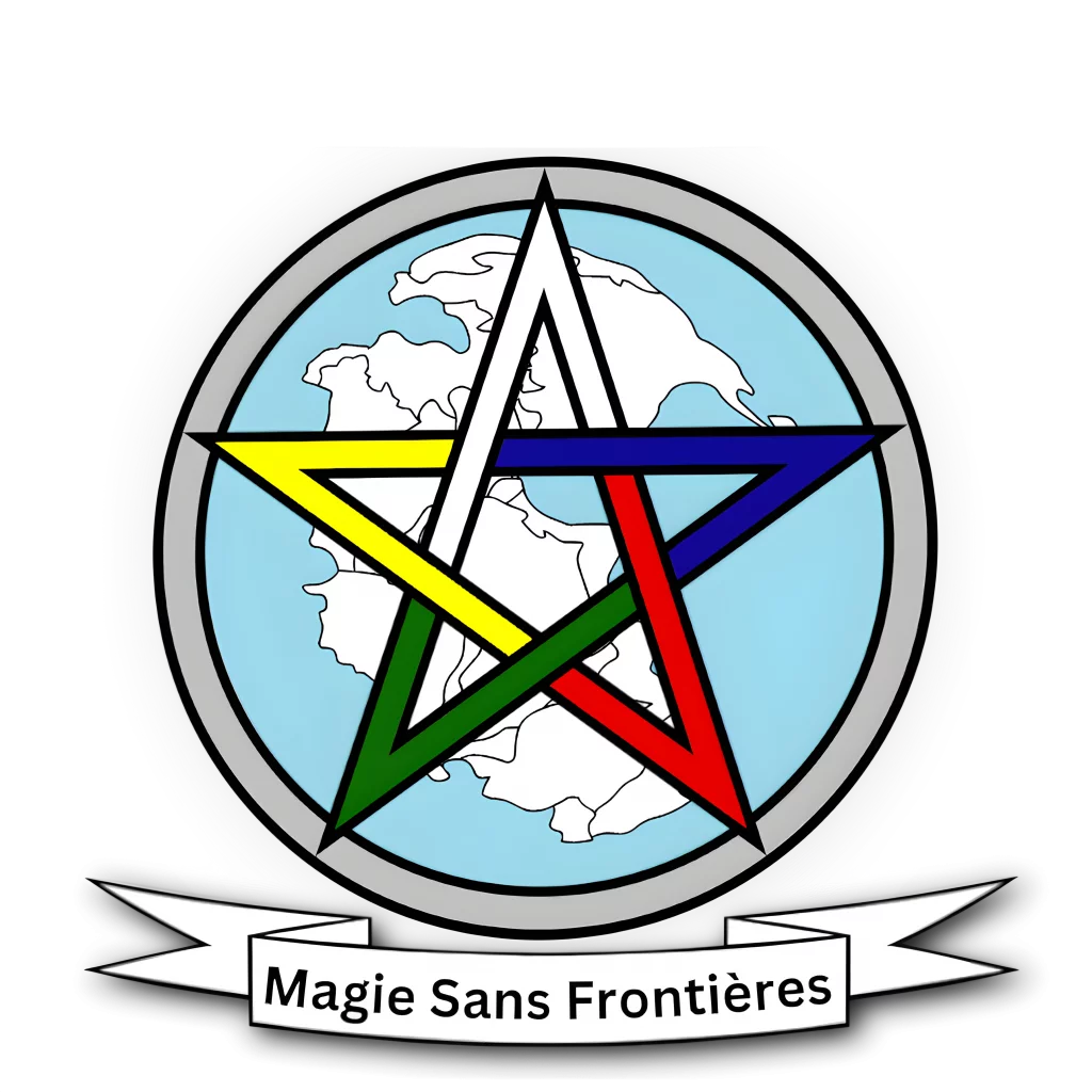 Magie Sans Frontières (Magick Without Borders) logo: an image of a pentagram spread out over the ancient supercontinent Pangaea.